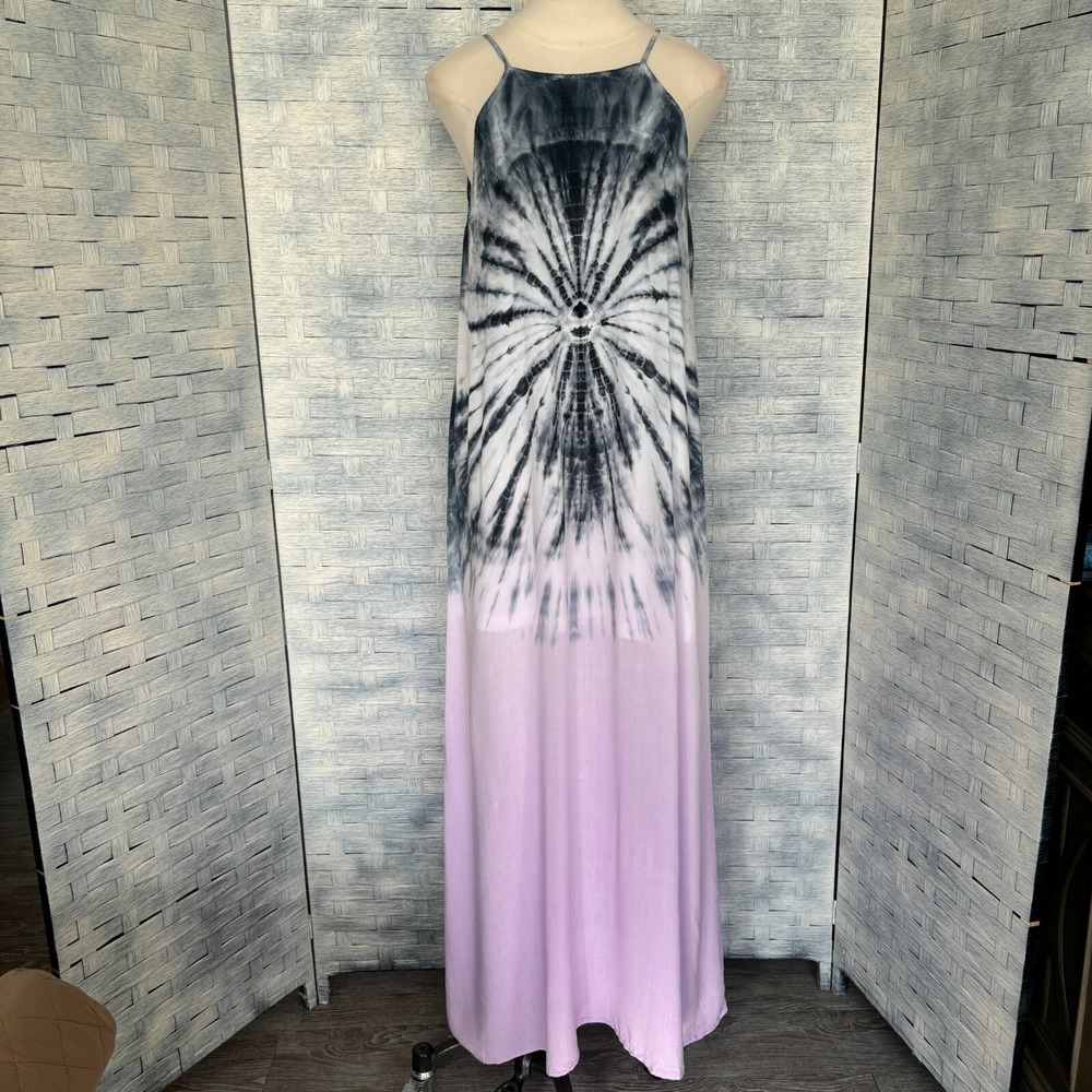NWT She + Sky Womens L Maxi Dress Lavender Navy Tie Dye Sunburst Boho SL1856